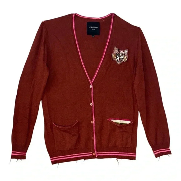 Le Superbe Cashmere Sequin Patch Silly Tiger Cardigan Maroon Sz L - Picture 11 of 11